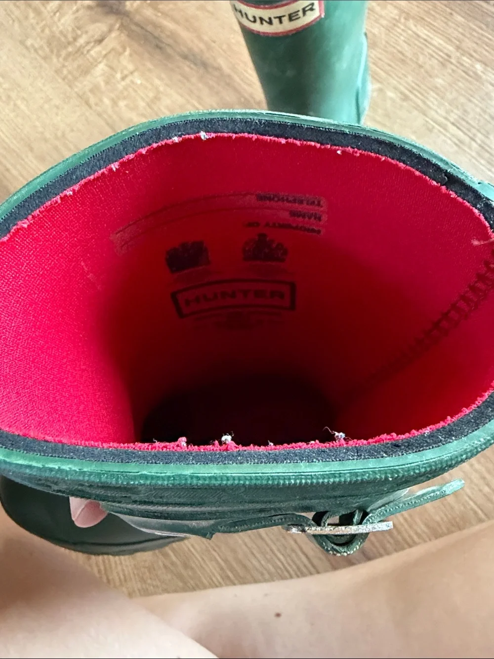 Hunter Green Kids Rain Boots with Red Interior